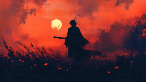 Lone dusk ronin beneath a burning crimson sky of omens.