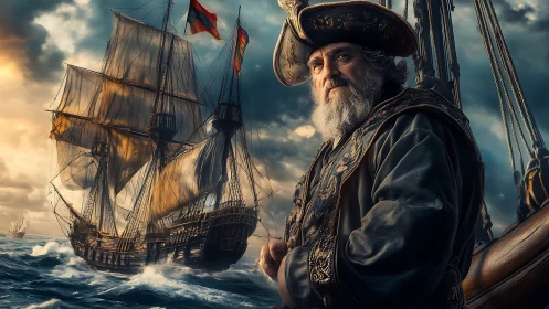 Storm-lit pirate captain commanding ornate galleon at sea.