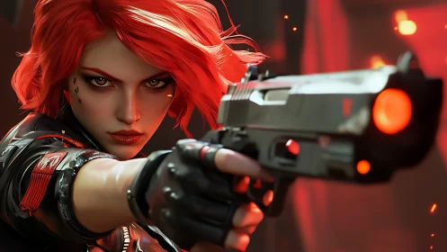 Red haired gun wielder in close frontal perspective shot.