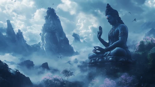 Colossal meditating deity overlooks mist-laden mountain valley