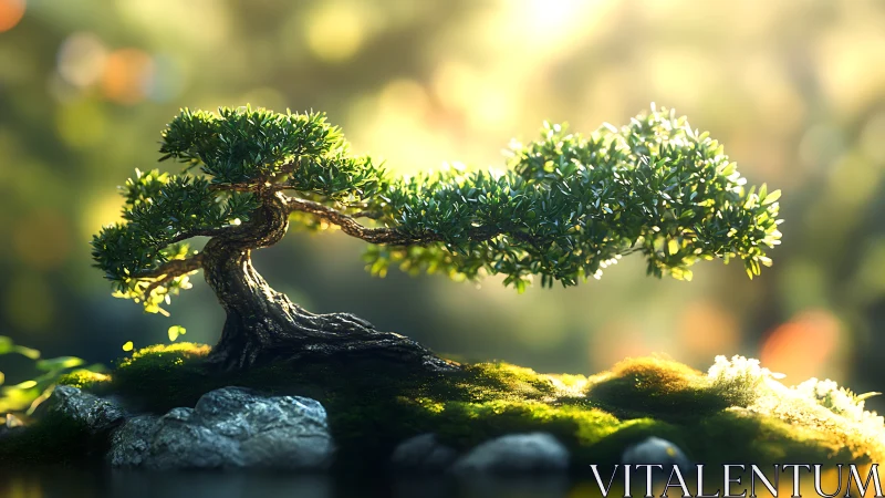 Photorealistic bonsai on mossy stone with luminous bokeh field.