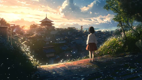 Twilight cityscape with solitary girl in luminous anime vista.