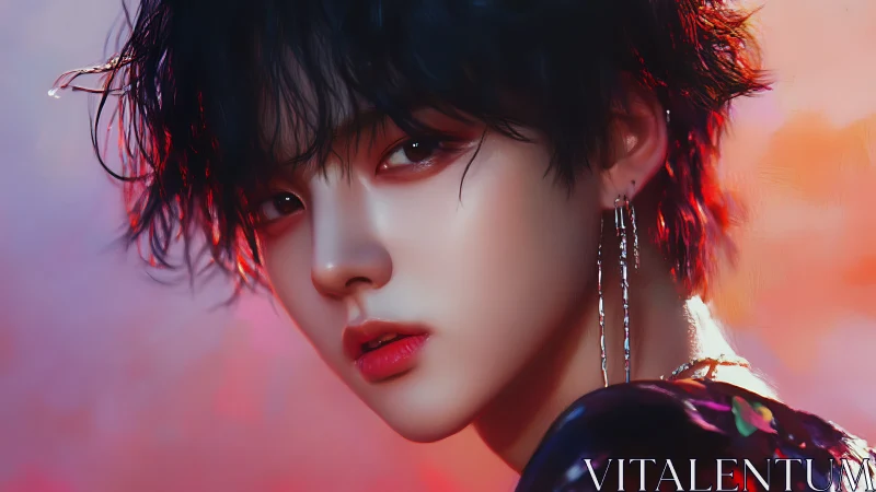 Neon-lit gaze of an androgynous dreamer in soft twilight.