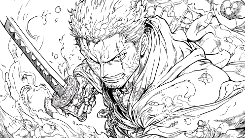 Swordsman charges forward with drawn katana in ink line art