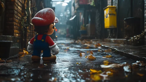 Toy plumber stands in rainy alley with wet autumn leaves