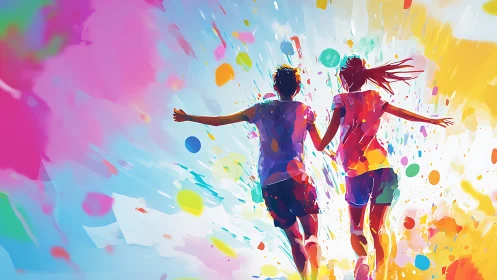 Backlit runners penetrate radial burst of chromatic paint splashes