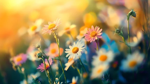 Vibrant Daisy Field in Golden Sunlight.