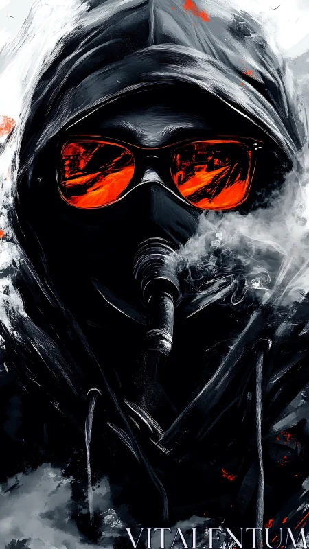 Cyberpunk hooded figure with gas mask and neon red lenses.