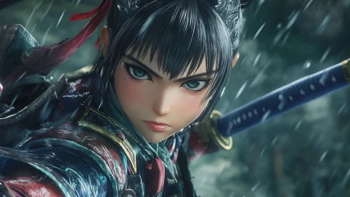 Samurai warrior holds drawn katana in detailed rain scene