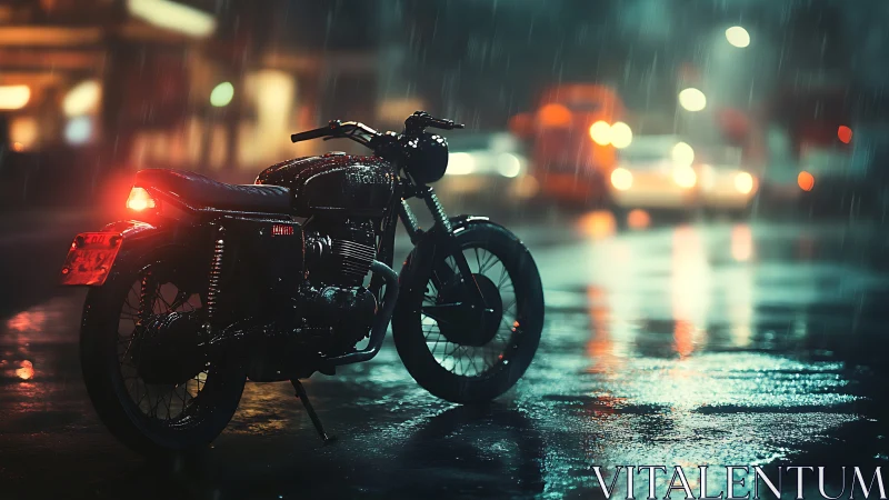 Lonely motorcycle glowing softly on a rainy city street.