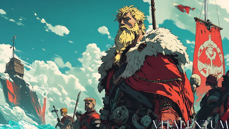 Stormbound viking warband beneath crimson conquest banners.