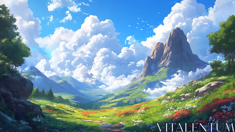 Digital mountain valley landscape shows layered depth and light