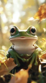 Frog sits among autumn leaves in shallow forest focus.