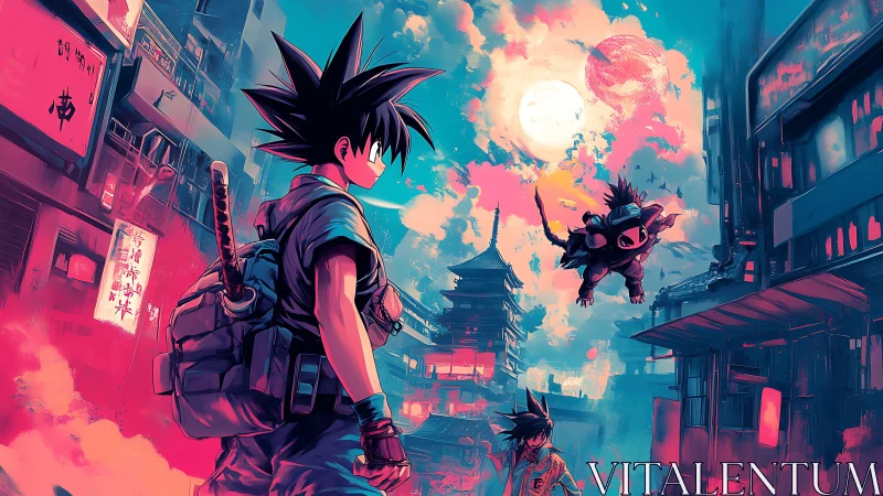 Neon samurai wanderers under twin moons in anime city.