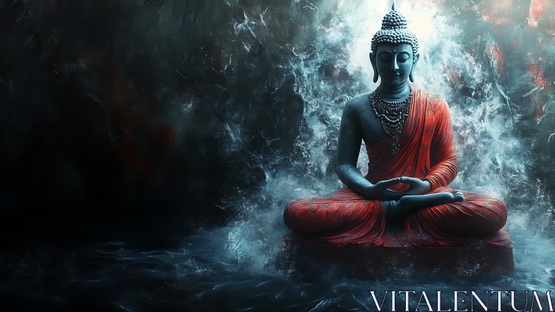 Serene Buddha statue in red robes amid swirling mist.