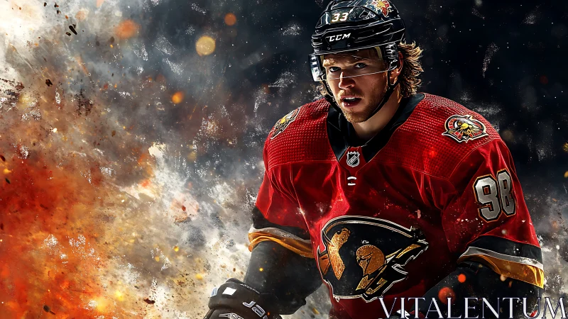 Hockey player charges forward amid explosive fiery energy