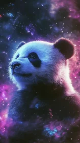 Panda portrait integrated with nebula and star field backdrop.