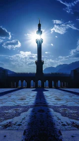 Sunlit mosque minaret rises over blue courtyard at dawn