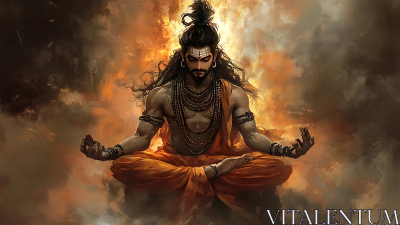 Fiery meditating warrior wrapped in calm, focused energy.