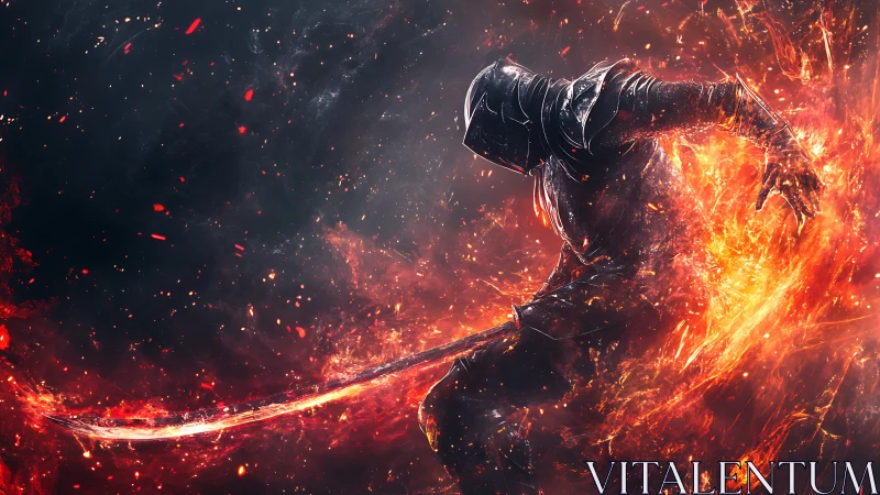 Hooded flame warrior carving light through smoky night.