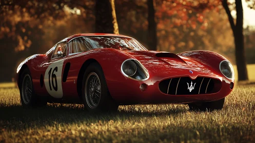 Classic red Maserati race car in warm autumn backlit park