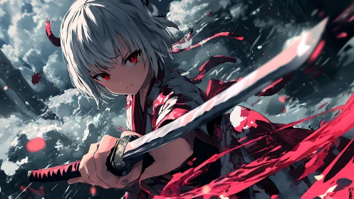 White-haired swordswoman extends katana in dynamic perspective