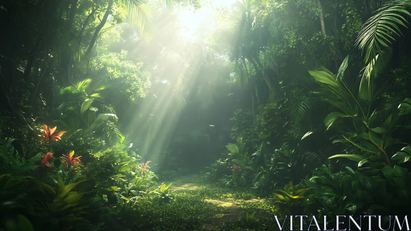 Enchanted Jungle Pathway Glowing with Sunlight.