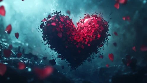 Luminescent Heart Structure with Particle Dispersion in Teal Environment