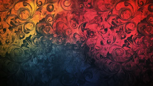 Swirling twilight filigree over ember-to-indigo canvas.