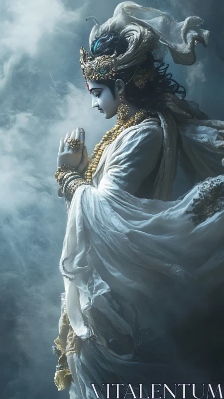 Divine figure in white robes with folded hands in mist.