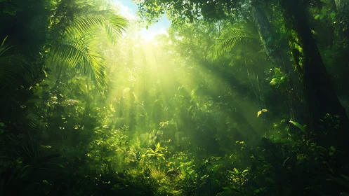 Radial sunshaft penetration across dense tropical understory.