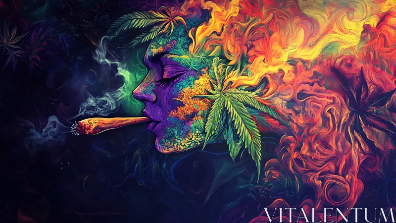 Psychedelic cannabis muse exhaling swirling neon smoke.