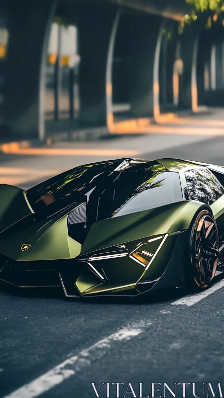 Low-angle view of futuristic green supercar on city street.
