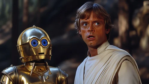 Human and golden robot in cinematic forest close-up scene.