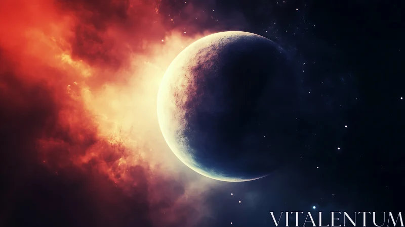 Crescent planet adrift in ember-bright cosmic surf.