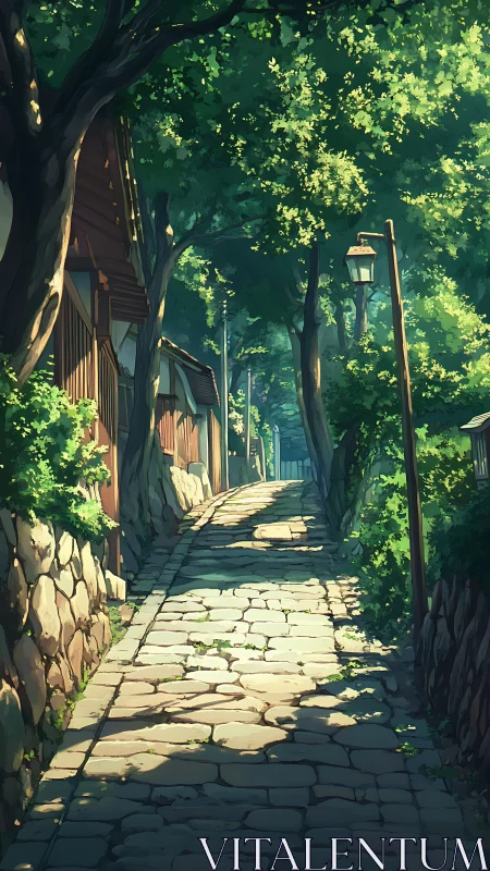 Sunlit stone alley under lush summer canopy in townscape.