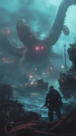 Solitary armed figure observes tentacled sea entity in storm