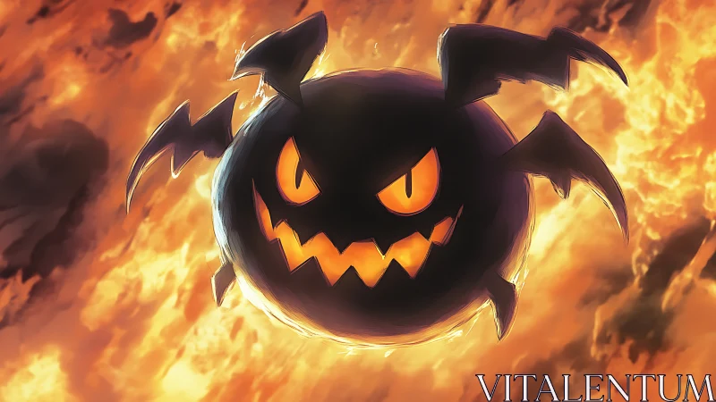 Spherical bat-like demon silhouette glows against infernal sky