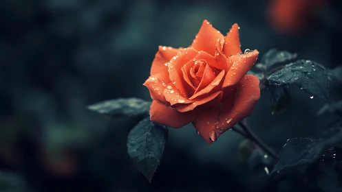 Orange Rose with Dew Drops in Moody Garden Setting.
