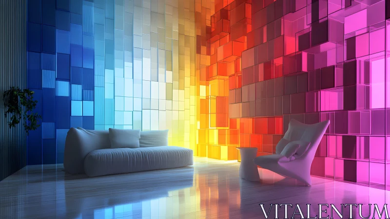 Modern living room with vibrant geometric wall art and soft furniture.