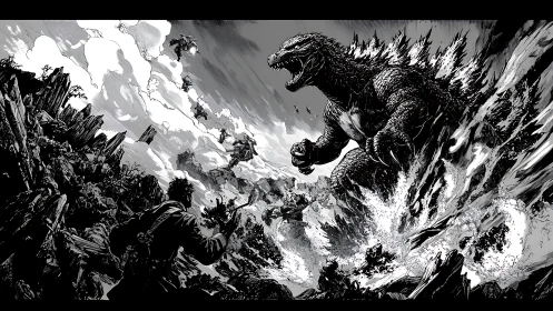 Giant reptilian kaiju emerging from sea amid armed response.