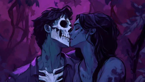 Moonlit kiss between death and devotion in violet dusk.