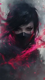 Fierce masked warrior meets swirling neon clouds of power