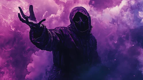 Hooded cyber occult figure emerges from neon vapor field