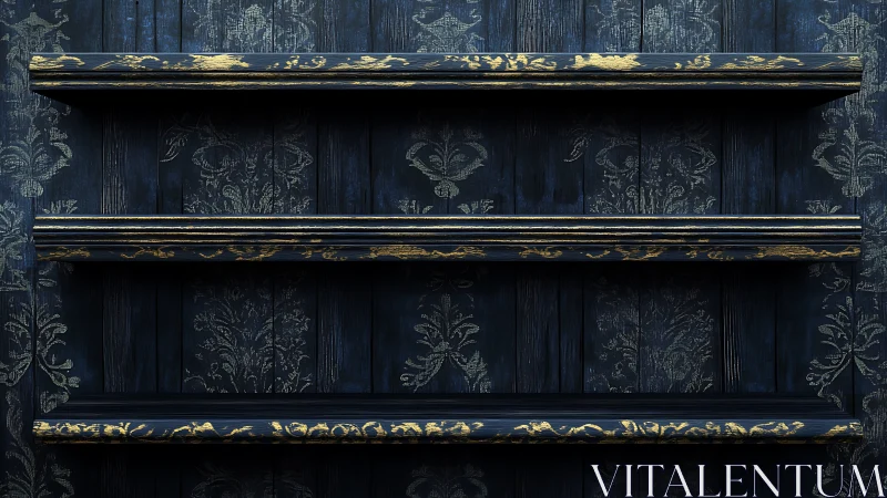 Dark wooden wall shelves carry distressed gold baroque trim