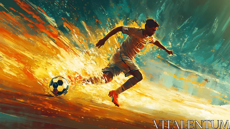 Kinetic digital painting of sprinting footballer and ball trail.