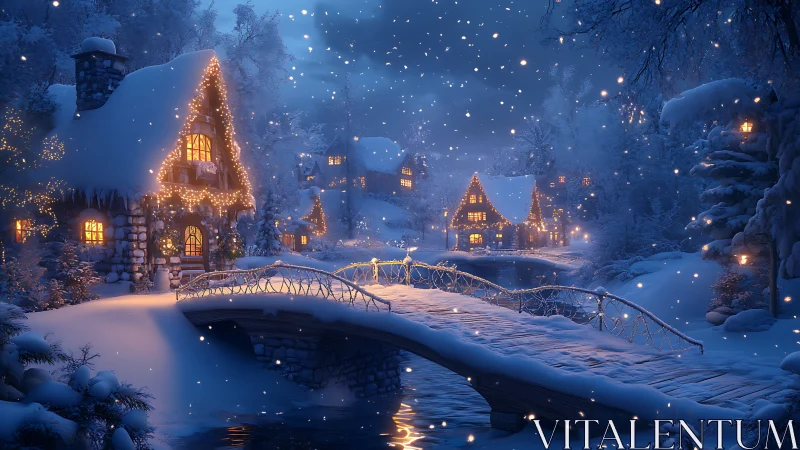 Snowy winter village with lit cottages and wooden bridge.