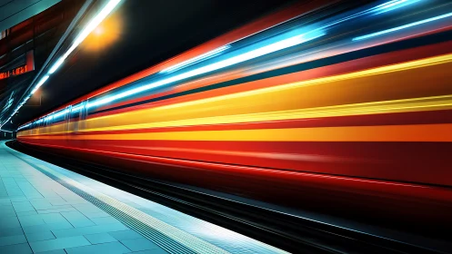 Neon streaks of a rushing metro train in motion blur.