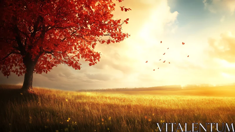 Amber tree serenade over sunlit autumn meadow at dusk.