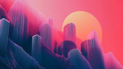 Neon sun sinks behind surreal cyber city towers in haze